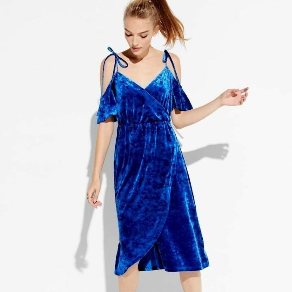 k/lab Velvet Faux-Wrap Dress Blue